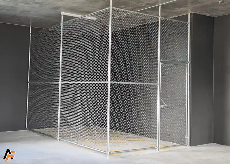 tall gold coast car park storage cage made from galvanised chain link and posts
