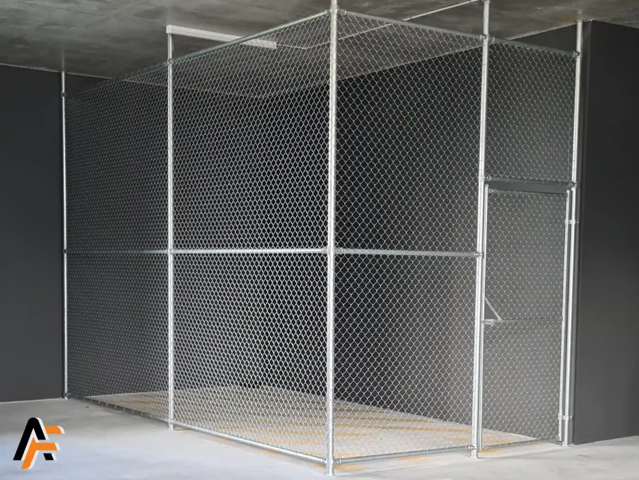 Full height chain link storage cage constructed from chain link